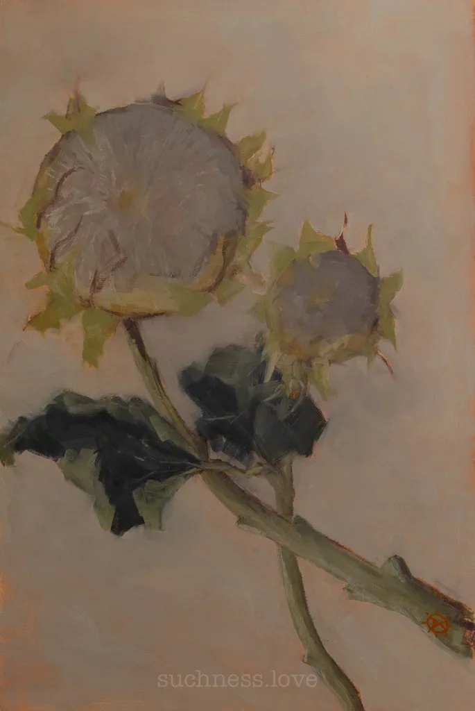 Painting of two dried sunflowers on a stem with dark leaves. One sunflower is larger and at the top, the other smaller and below. The background is light and neutral.