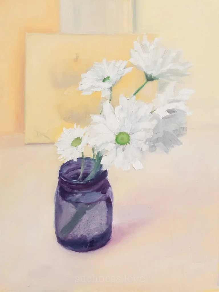Painting of white daisies with green centers in a purple jar on a light-colored surface, with abstract background.