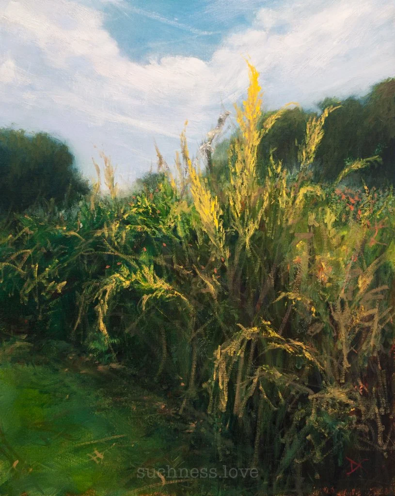 A painting of a green field with tall yellow wildflowers and a sky with scattered clouds.