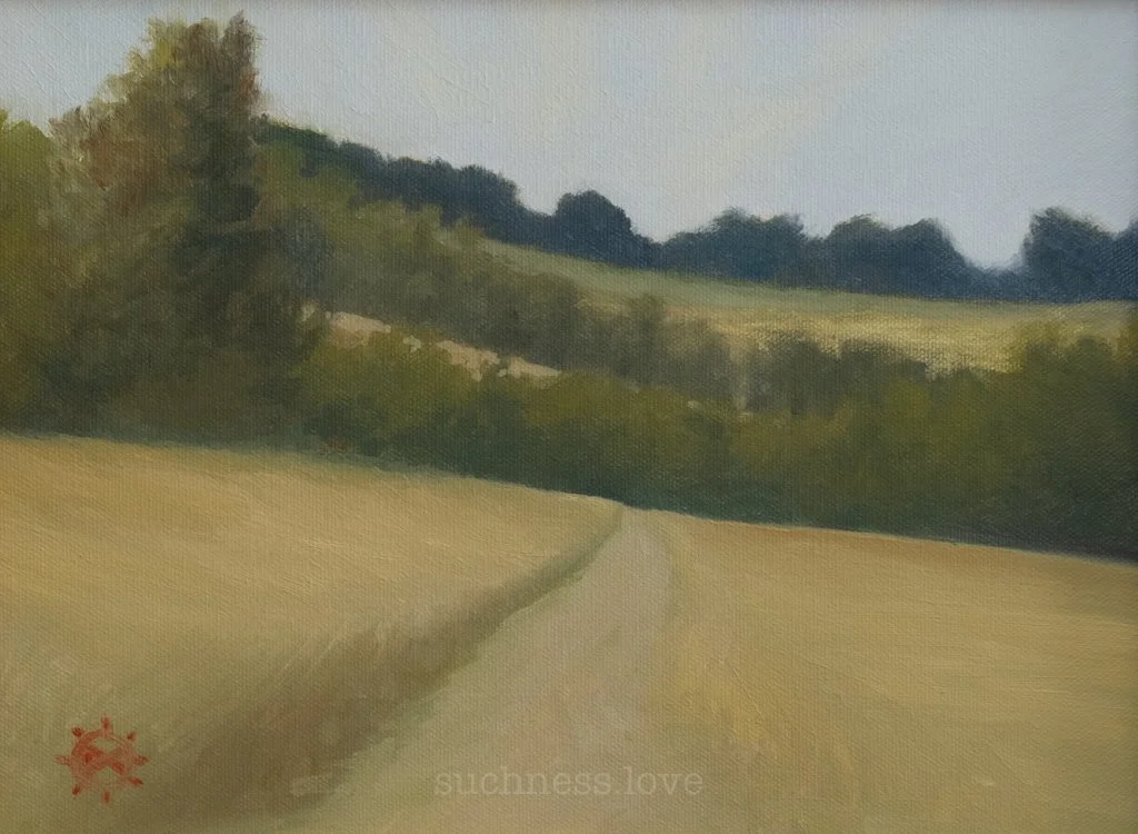 A painting of a rural landscape with a dirt path, green fields, and distant hills with trees under a cloudy sky.