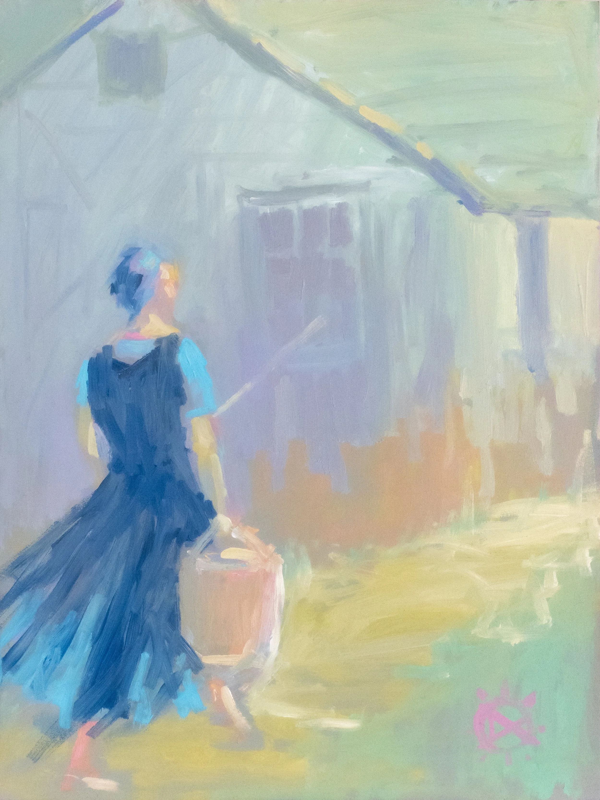 A woman in a dark dress and blue shirt is walking away from the viewer, holding a basket. The background features a house or barn with a large roof and a small window, painted in a soft, impressionistic style with pastel colors.