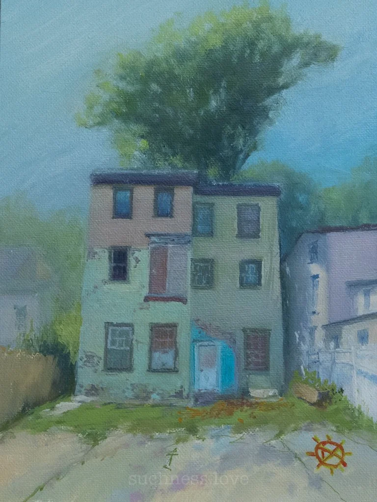 A painting of a three-story weathered house with a green and beige facade, surrounded by trees and neighboring buildings, on a bright day.