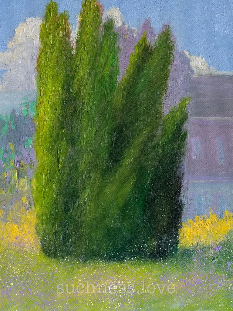 A painted landscape featuring a large green bush or tree with yellow and purple flowers at its base, a building with a gray roof in the background, and a partly cloudy blue sky.