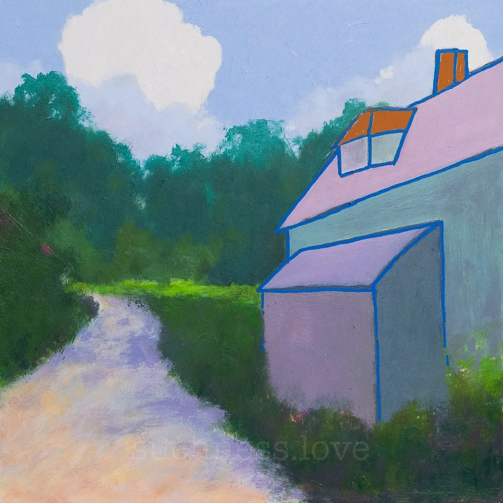 Painting of a rural scene with a dirt path, green trees, a blue house with purple roof and windows, and a cloudy sky.