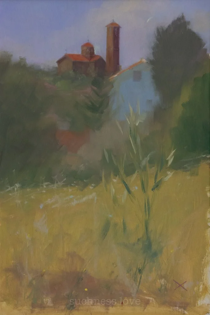 An impressionistic landscape painting depicting a building with a tower and dome on a hillside, with greenery and open field in the foreground.
