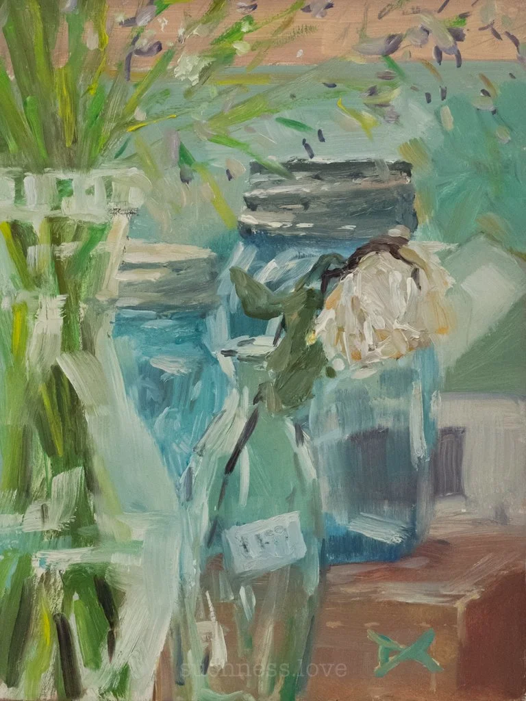 A still life painting of a vase with white roses and green foliage, next to a glass jar with a plant, and a blue decorative object on a wooden surface.