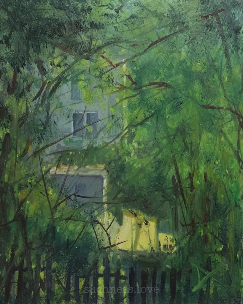 A painting of a lush green backyard with trees, a yellow house, and a fence.