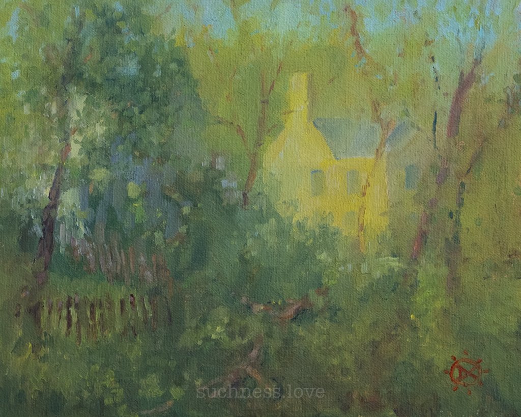 A lush green landscape with trees and bushes surrounding a yellow house in the background, painted in an impressionist style.
