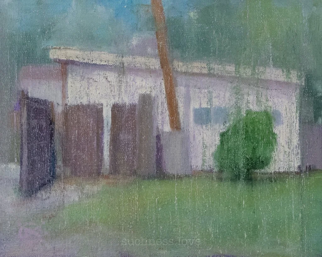 A painting of a small house with a corrugated metal roof, a tree in front, and a grassy yard.