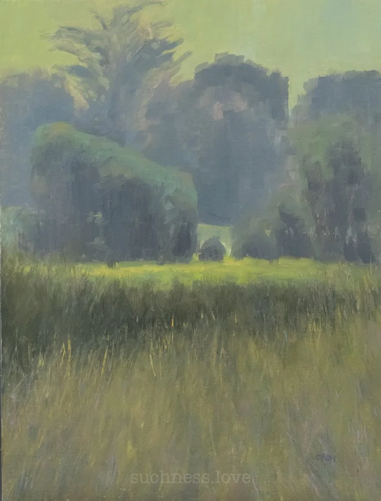 A landscape painting of a lush green field, tall trees, and dense foliage in the background.