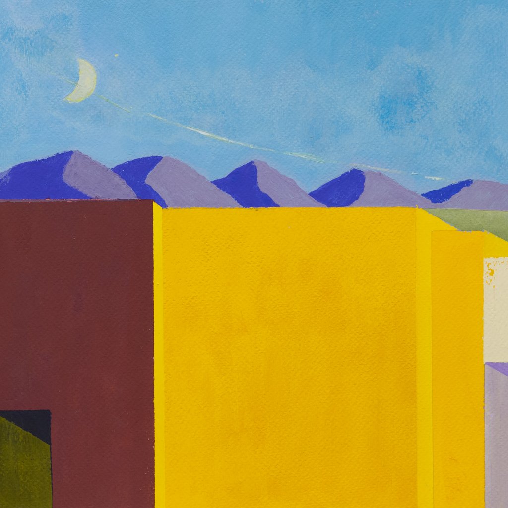 Abstract painting featuring yellow and brown rectangular shapes with purple mountains and a light blue sky with a crescent moon.