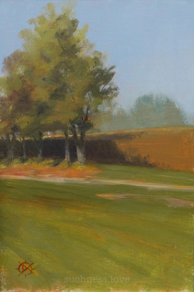 A landscape painting of a field with green grass, a group of trees on the left, and a blue sky in the background.