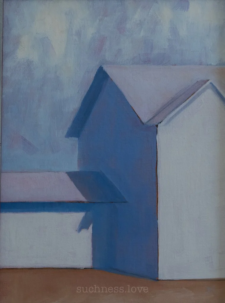 A minimalist painting of a house with a blue roof and white walls, casting shadows against a light-colored background.