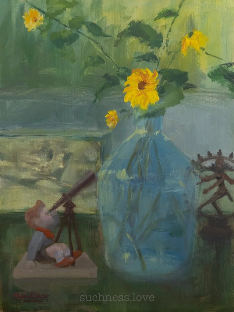 A still life painting of yellow flowers in a blue glass vase, with a miniature telescope and a small figure of a boy on a wooden block, set against a green background.