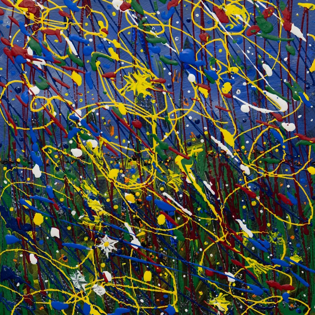 Abstract expressionist painting featuring multicolored paint splatters and drips, including yellow, red, blue, green, white, and black, on a dark background.