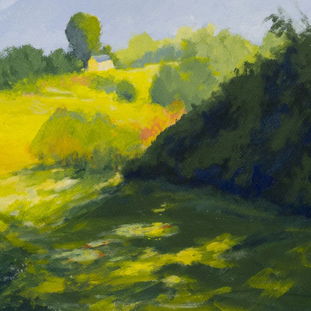 Painting of a lush green landscape with trees, a small house, and a water body reflecting the surroundings.