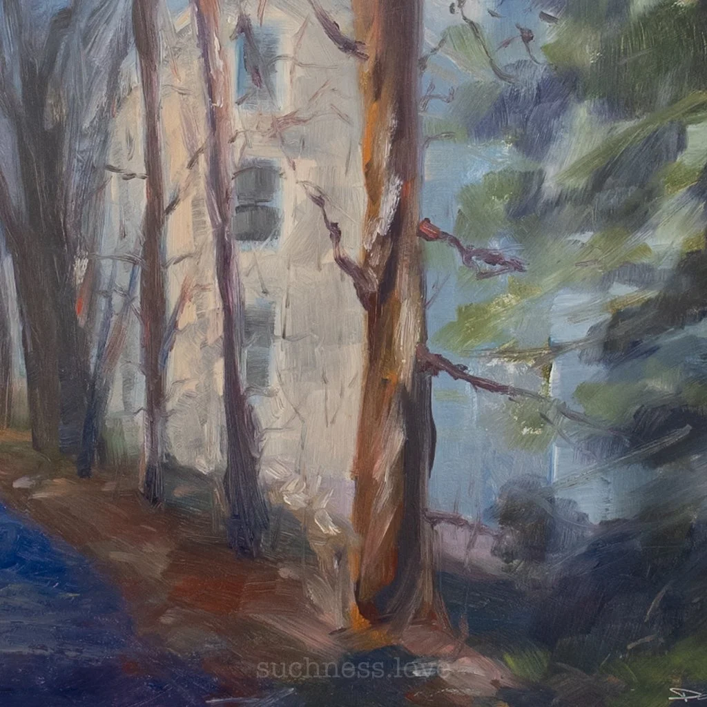 A painting of trees with a building in the background, using broad brushstrokes and a mix of earthy and muted colors.