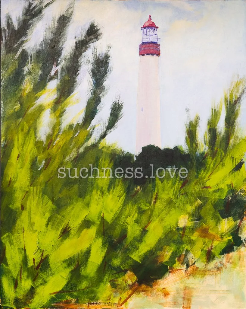 Painting of a lighthouse in the background with lush green bushes and trees in the foreground.