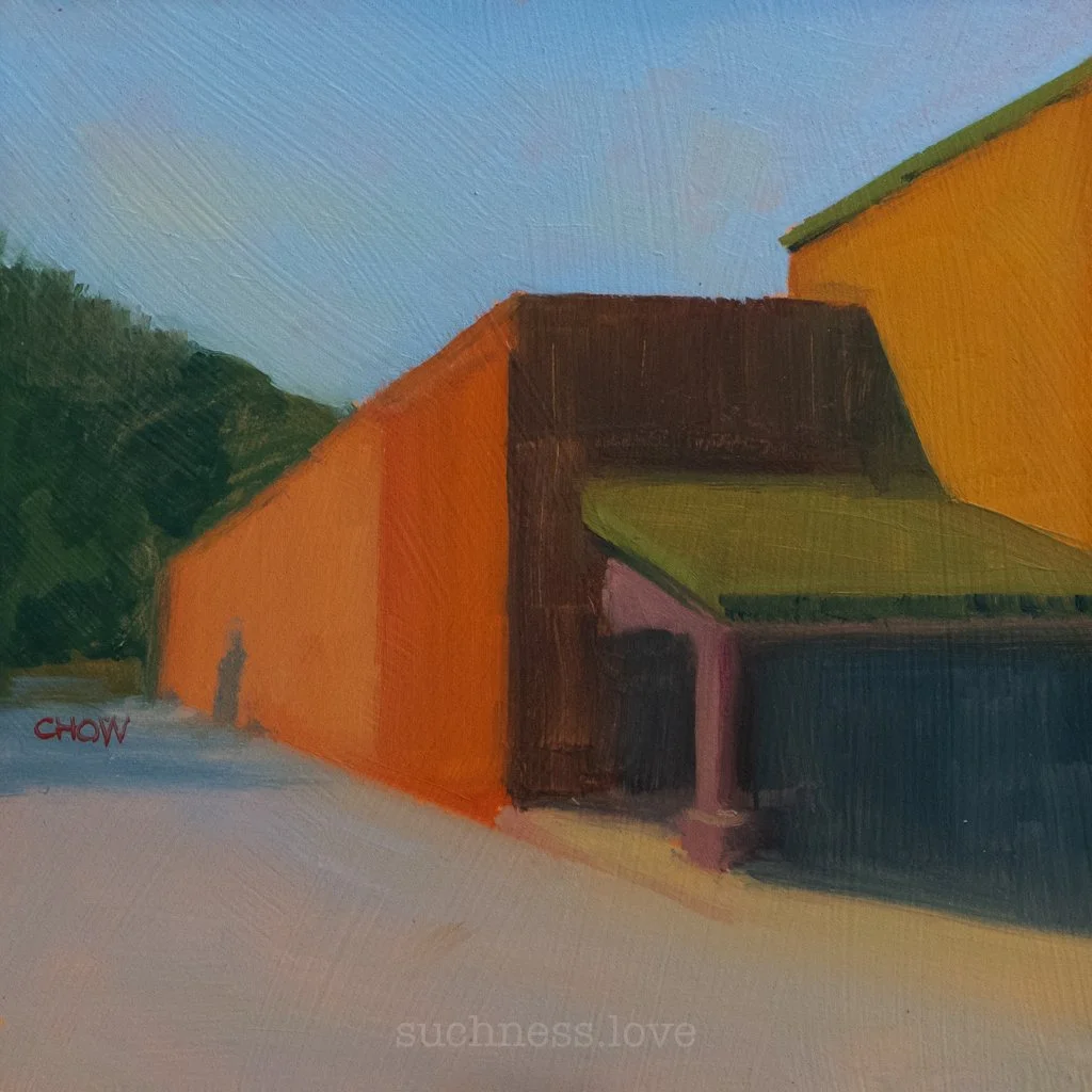 Painting of a modern building with orange, green, and dark brown sections, with trees and a blue sky in the background.