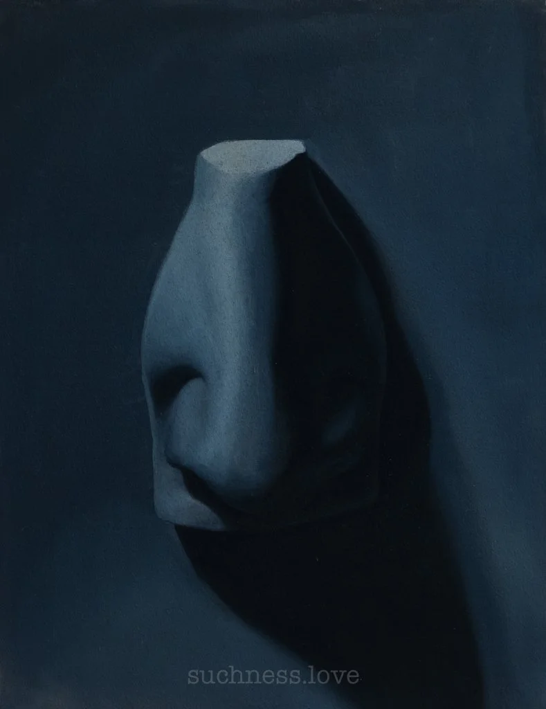 Painting of cast nose, with dark shadows, mounted on dark background.