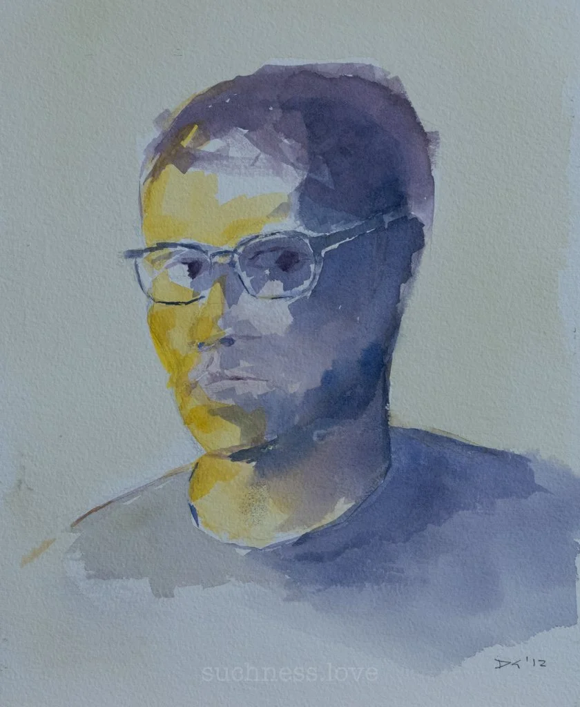A watercolor painting of a person wearing glasses, with short hair, looking to the side. The background is light, and the painting uses shades of blue, yellow, and purple.