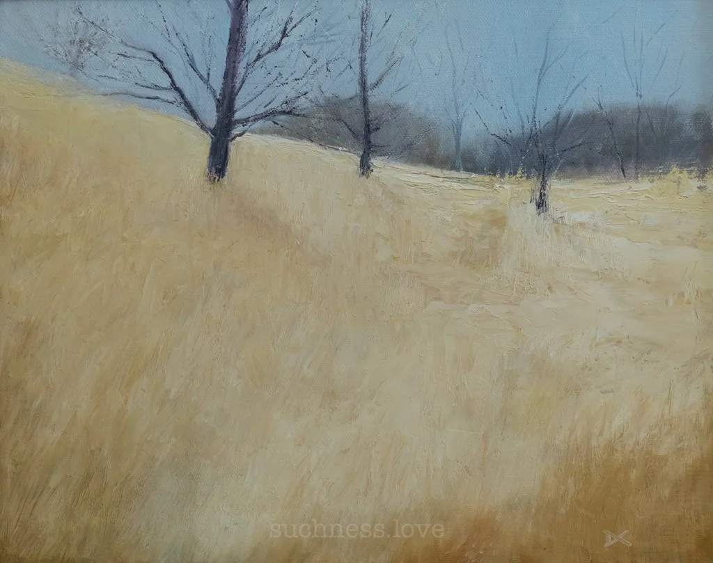 A painting of a winter landscape with bare trees on a hillside, a mix of blue sky and gray clouds, and a snow-covered ground.