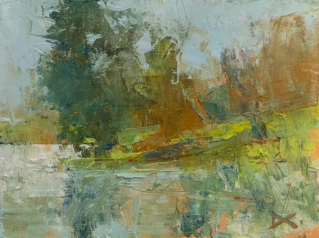 An abstract painting of a landscape with trees and water, using earthy tones and textured brushstrokes.