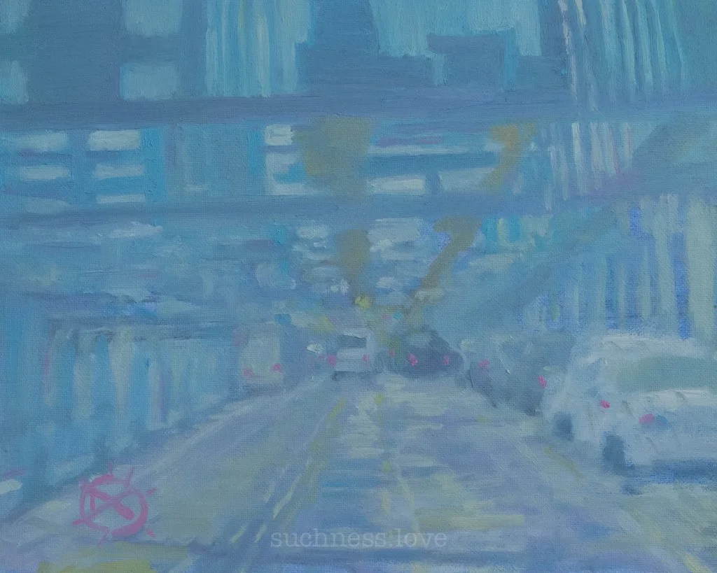 A painting of a city street with cars viewed through car window.