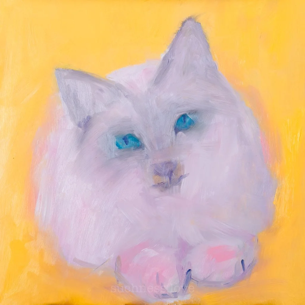 Painting of a white cat with blue eyes against a yellow background.