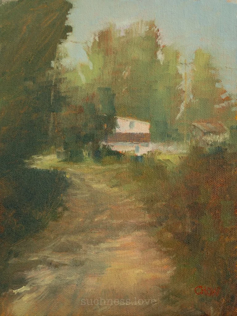 Painted landscape scene of a dirt path or road, surrounded by green foliage and trees, with a house or building in the distance, under a light sky.