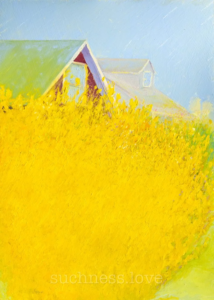 A colorful painting of two houses with steep roofs, surrounded by yellow trees with a blue sky in the background.