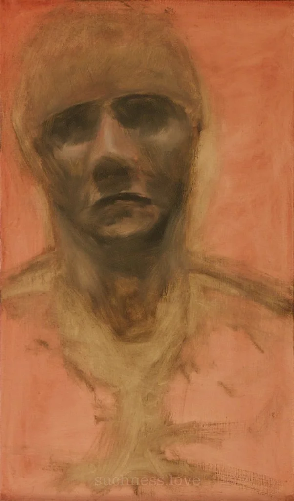 An abstract painting of a human face with dark shadows, set against a warm reddish background, featuring a somber expression.