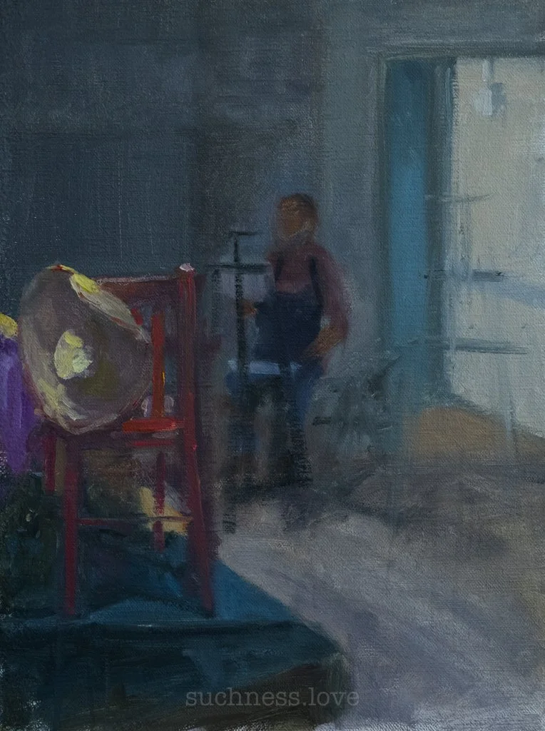 A person standing in a dimly lit room near an open door, with some furniture and objects around, painted in a soft, blurry style.