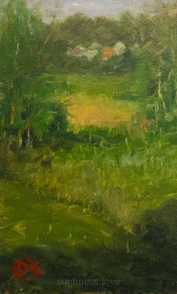 An abstract impressionist landscape painting featuring green foliage, yellow highlights, and a cloudy sky. 