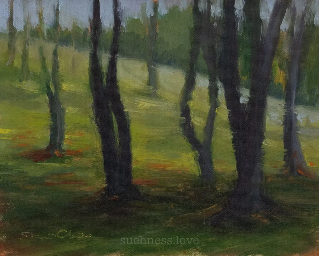 A painting of a forest with tall, dark trees and a grassy landscape, sunlight filtering through the leaves.