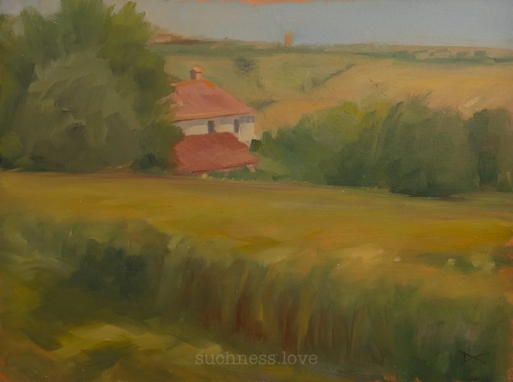 A landscape painting depicting a house with a red roof, surrounded by trees and rolling fields under a cloudy sky.