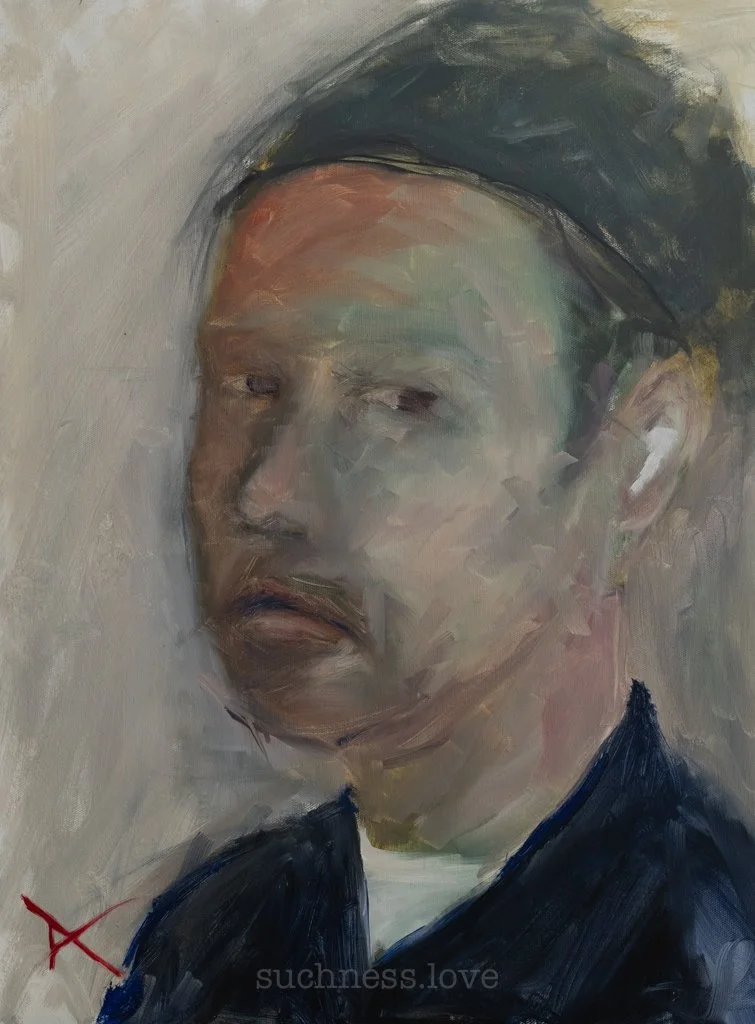 Oil painting of a man wearing a black hat and dark clothing, looking slightly to the side with a neutral expression.