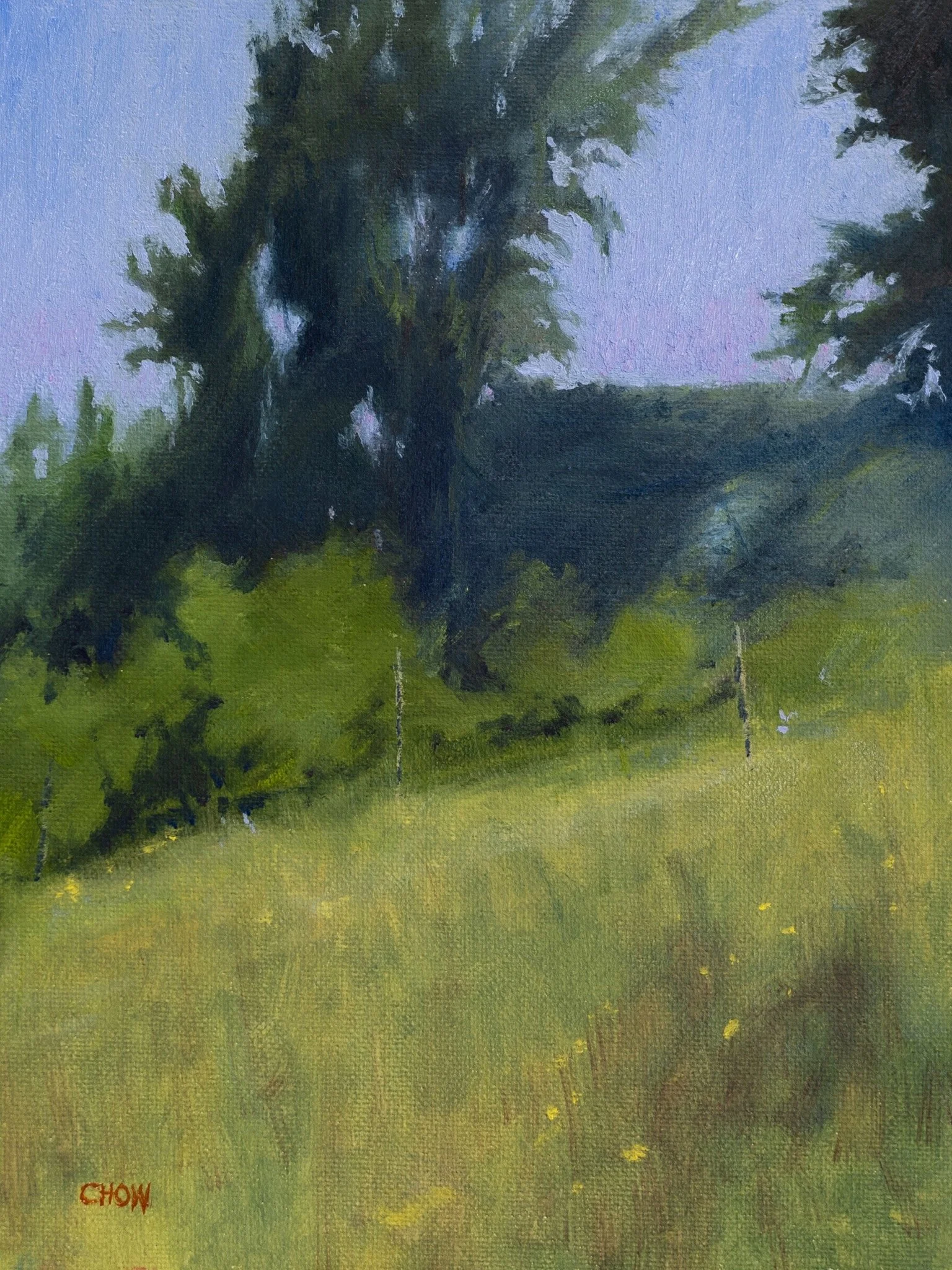 An oil painting of a lush green landscape with tall trees in the background, a grassy foreground, and a partly cloudy sky.