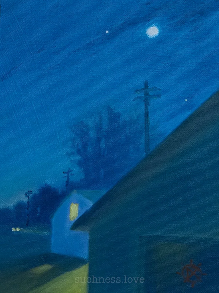 A night scene painting of a house with a lit window, trees, and utility poles under a moonlit sky.