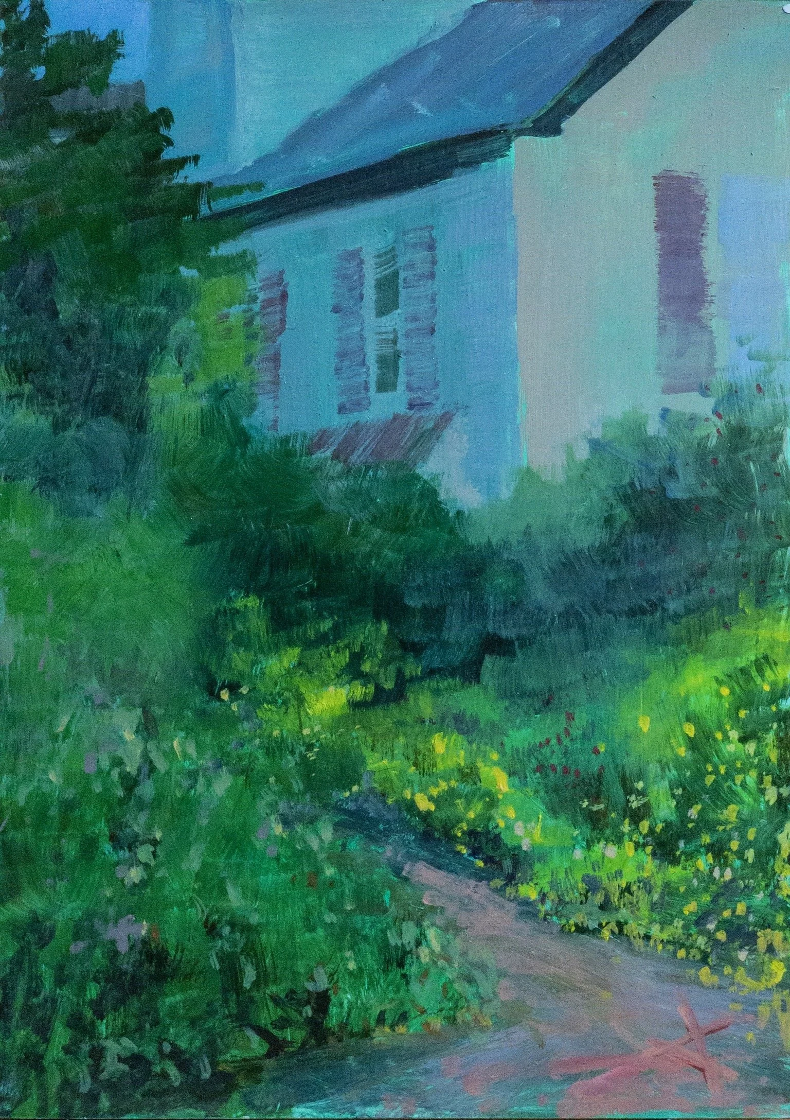 A painting of a house with to blue walls, a sloped roof, and several windows, surrounded by green bushes and trees, with a path in the foreground.