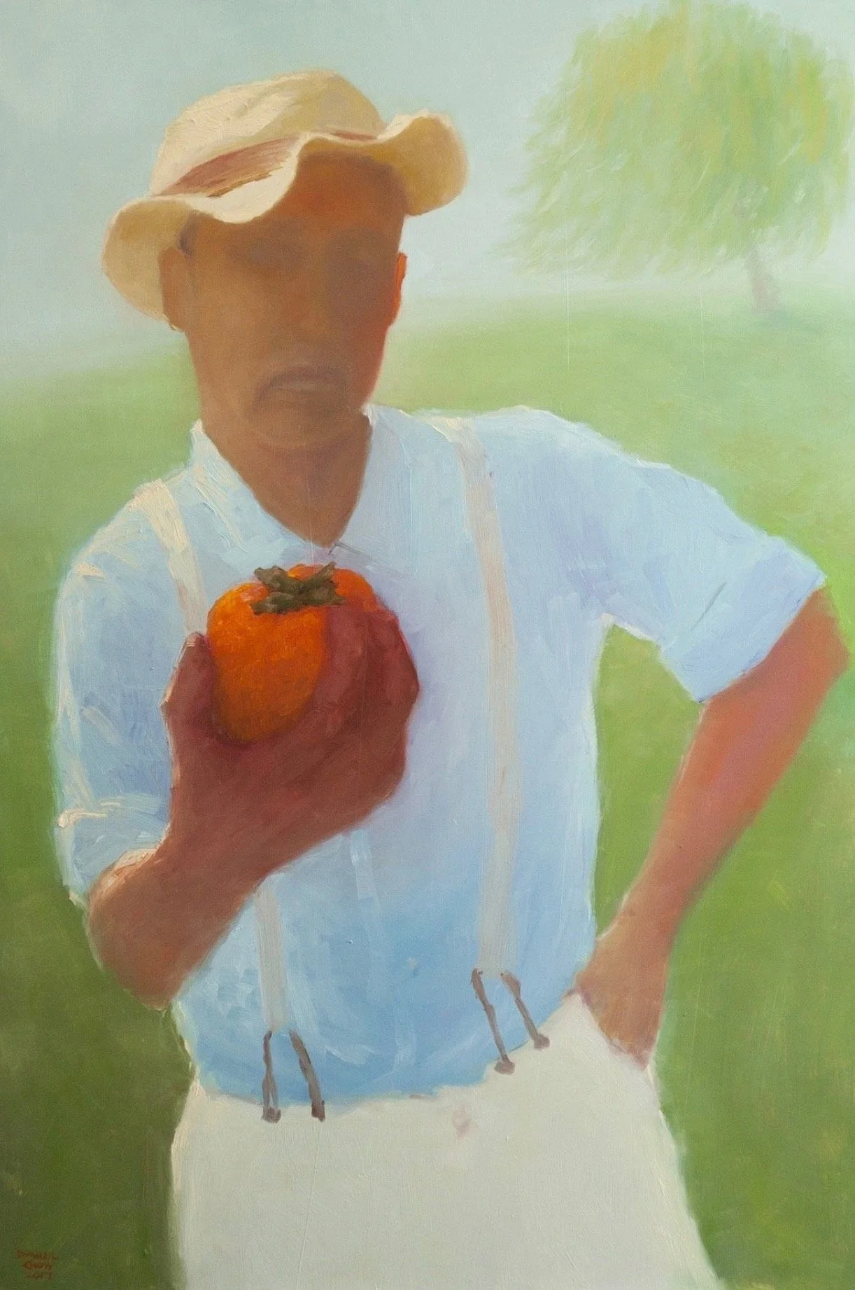A painting of a woman wearing a straw hat, holding a large strawberry, standing outdoors with greenery in the background.