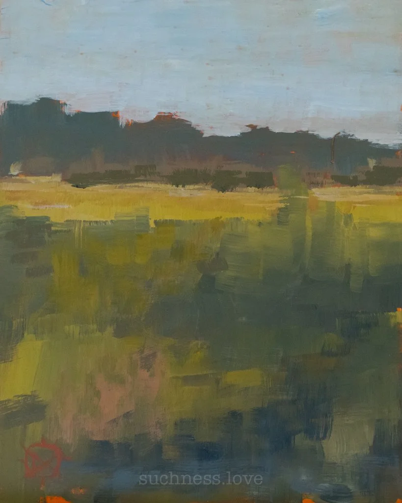 An abstract landscape painting with horizontal layers of muted green, yellow, and dark blue colors, representing a field and distant hills under a cloudy sky.