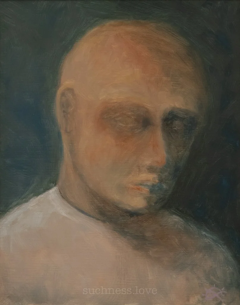 A portrait of a person with a bald head and a contemplative expression, painted in a soft, impressionistic style with warm tones.