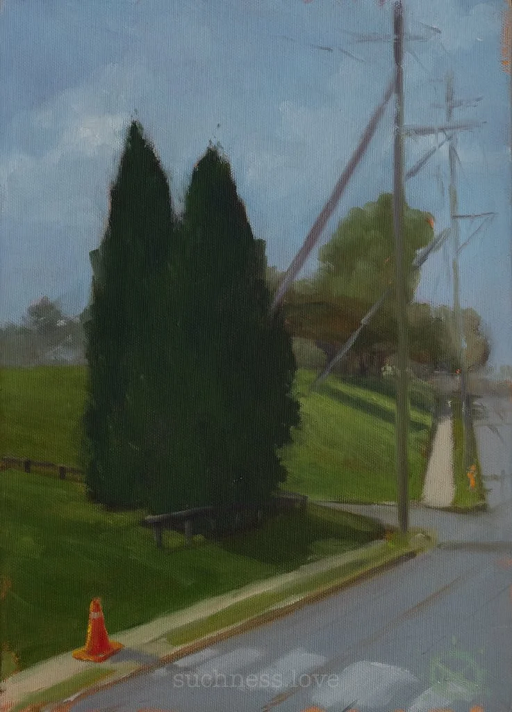 Oil painting of a street corner with power lines, a grassy hill, tall cypress trees, and an orange traffic cone on the sidewalk.
