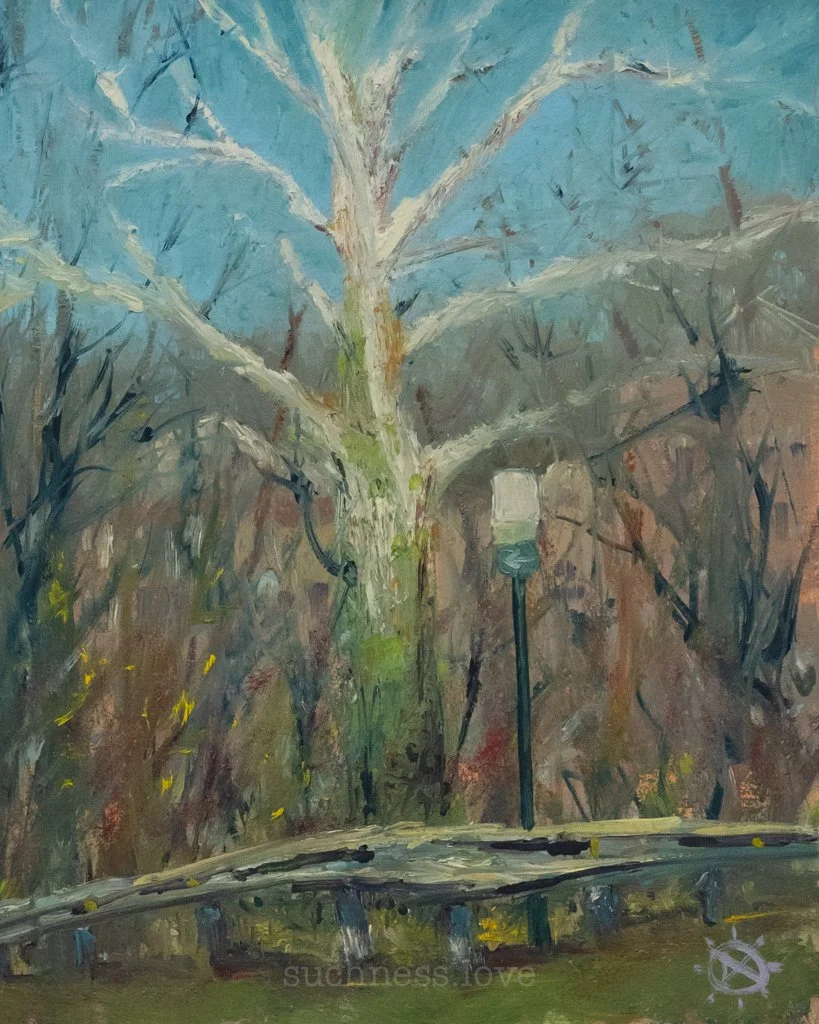 An oil painting of a large leafless tree with snowy branches, a streetlamp, and a wooden fence in the foreground, against a blue sky background.