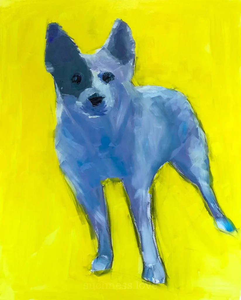 Painting of a blue and black dog with large ears on a yellow background