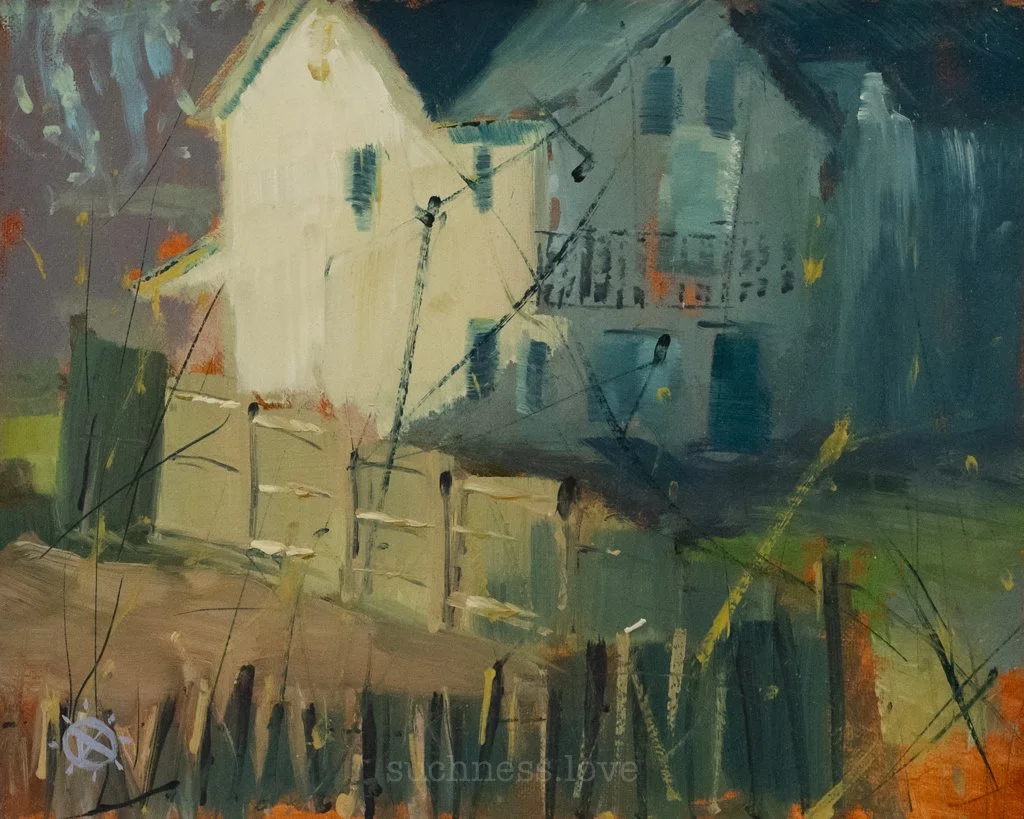 An abstract painting of a house with a large roof, fence, and trees, using mostly muted green, blue, yellow, and brown colors.