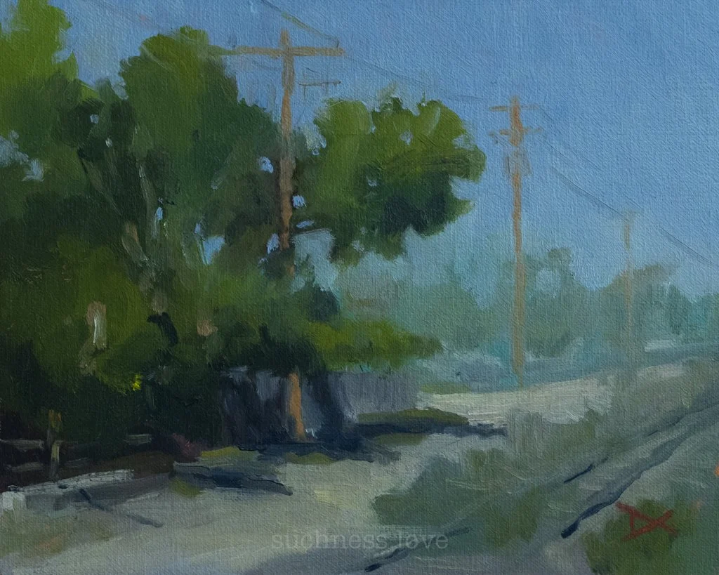 A painting of a rural landscape with trees, telephone poles, and power lines along a dirt road under a blue sky.