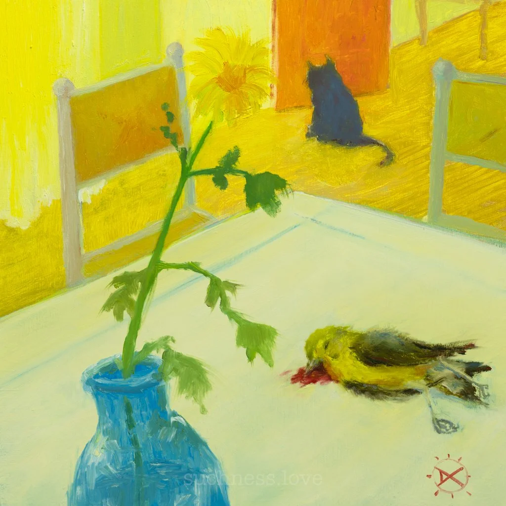 A painting of an indoor scene with a potted plant on a table, a dead bird with blood near the head, a black cat sitting and looking away in the background, and yellow walls with wooden chairs.