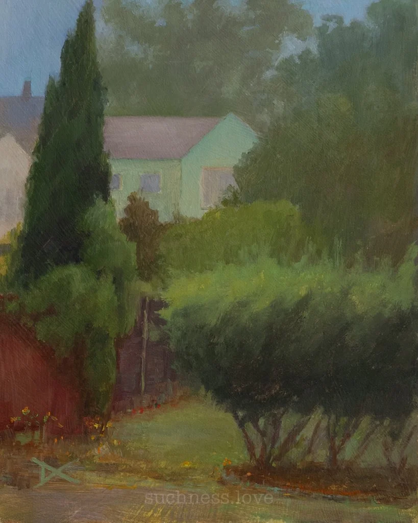 A landscape painting of a green house surrounded by lush bushes and tall trees, with a pathway leading towards the house.